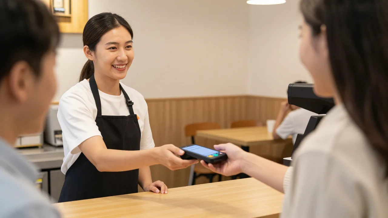 Cliente frecuente saludado con familiaridad por el personal mientras paga con el celular en el mostrador de un restaurante de barrio