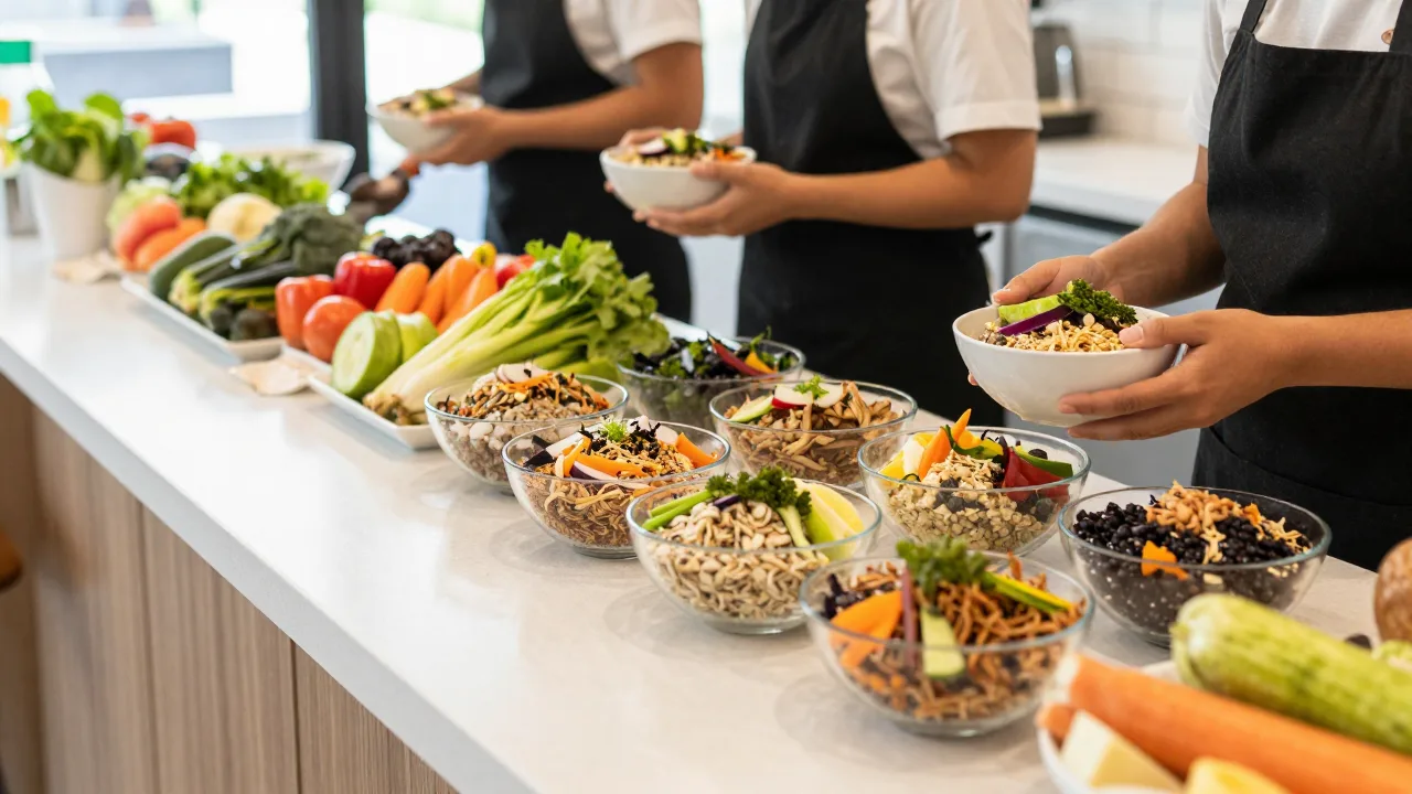 Mostrador de restaurante de comida a base de plantas con bowls de granos coloridos y verduras frescas, empleado armando un bowl