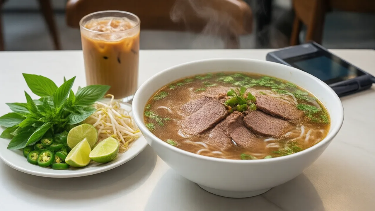 Tazón de pho humeante con falda de res, fideo de arroz y un plato de herbas frescas, brotes de soya, limón y jalapeño al lado, junto a un vaso de café vietnamita y una tablet mostrando la orden con sus modificadores en el POS
