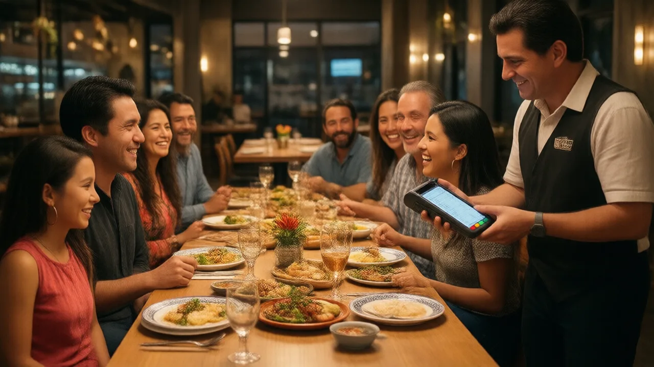 Grupo grande de familiares y amigos celebrando en una mesa larga de restaurante mientras el mesero presenta la cuenta en una tablet POS