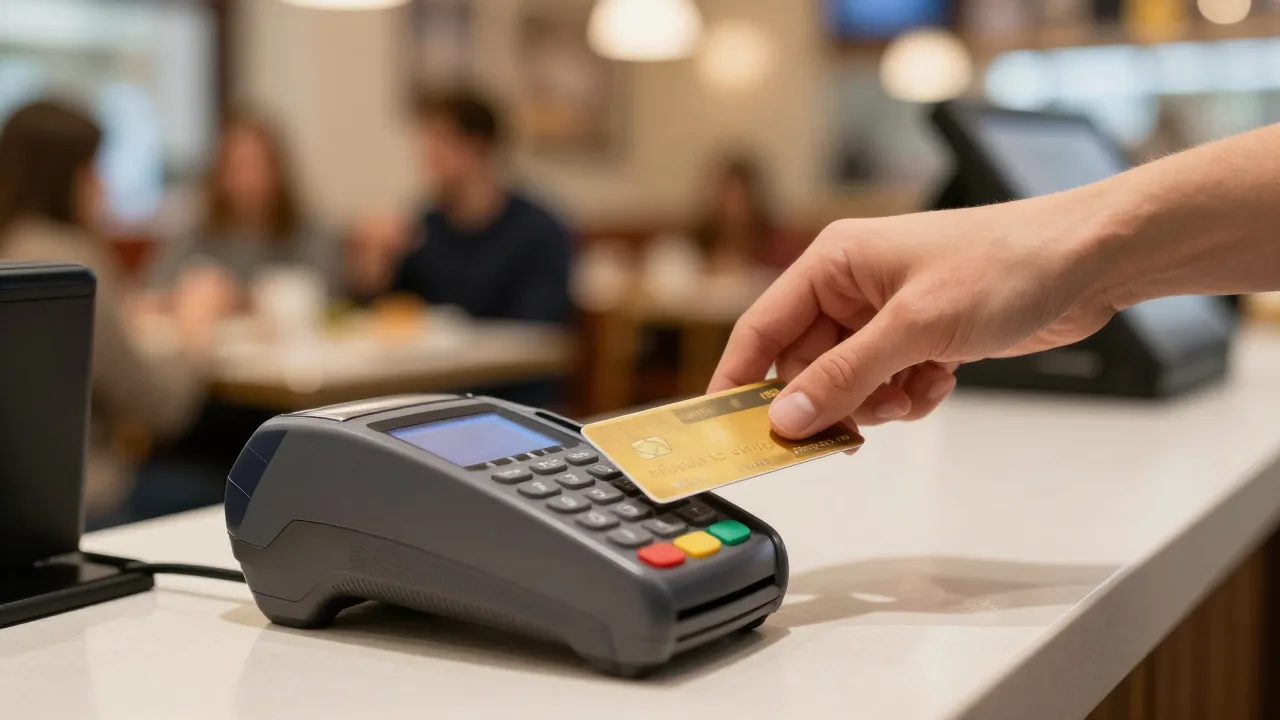 Cliente acercando su tarjeta de crédito a una terminal de pago en el mostrador de un restaurante