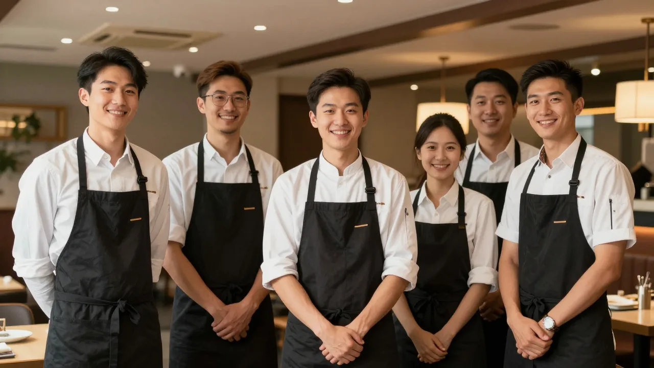 Equipo de seis personas de un restaurante reunido sonriendo en el comedor antes del servicio, con delantales puestos