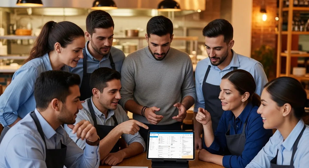 Equipo de restaurante aprendiendo nuevo sistema POS